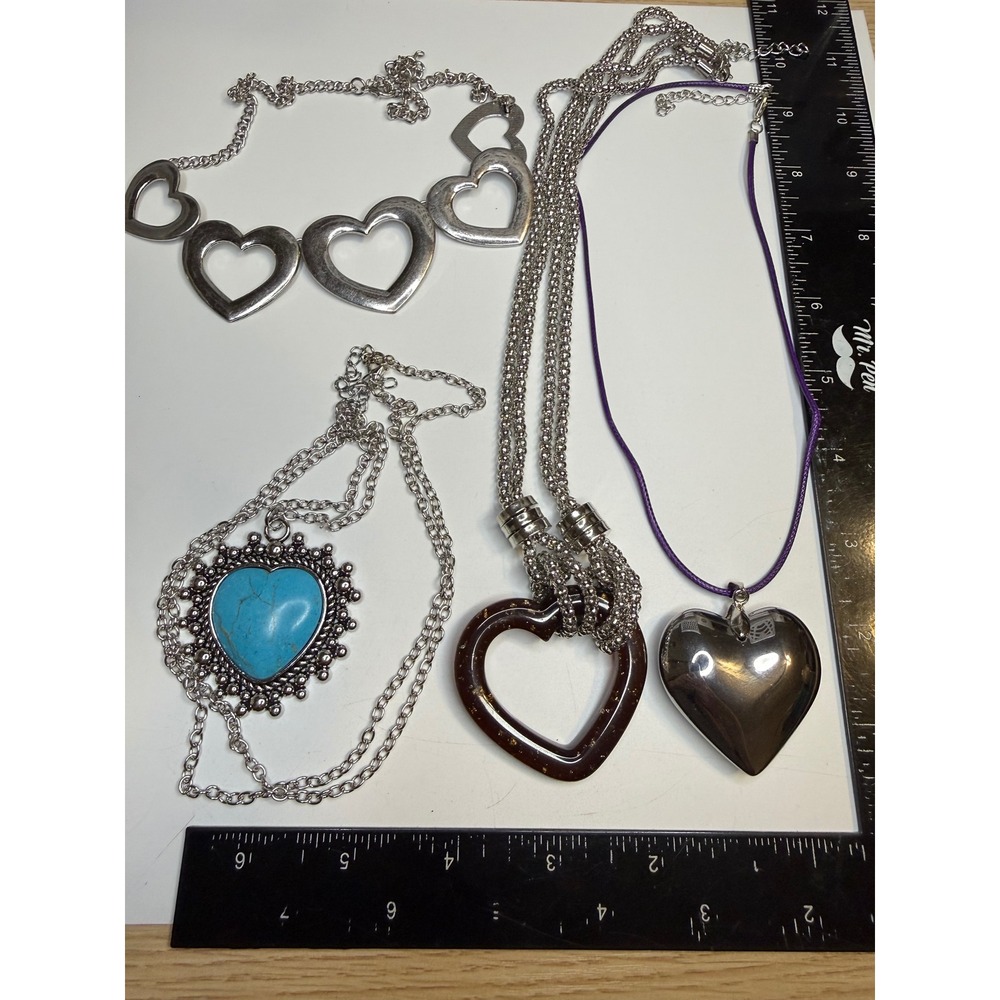 Heart Necklace Lot 4pc Faux Turquoise Resin Puffy Heart Silver Tone Jewelry Set